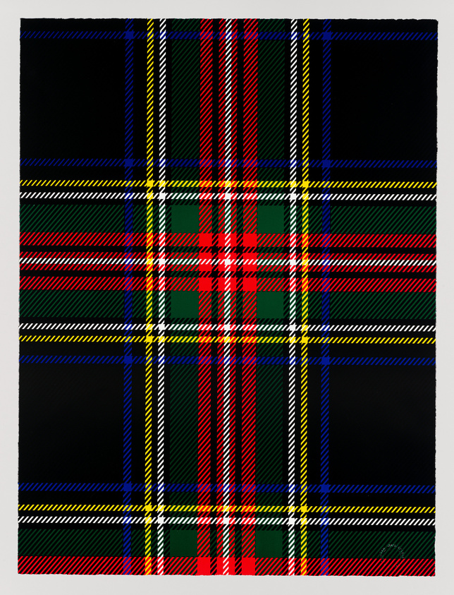 A digital representation of a tartan pattern with a black background and colorful stripes in red, blue, green, yellow, and white intersecting at right angles to form a traditional plaid design.