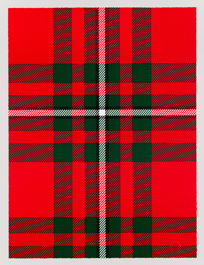 A traditional red tartan pattern with green and white accents, commonly associated with Scottish kilts.