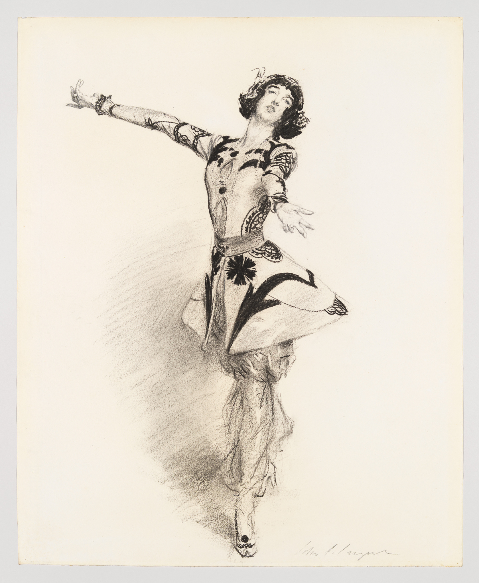 A black and white sketch of a dancer in a dynamic pose with arms outstretched and head tilted back. The costume features floral patterns and flowing fabric, suggesting movement. The artist's signature is visible at the bottom right.