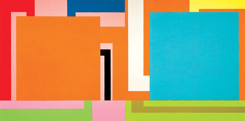 Colorful abstract geometric painting with overlapping squares and rectangles in bright hues.