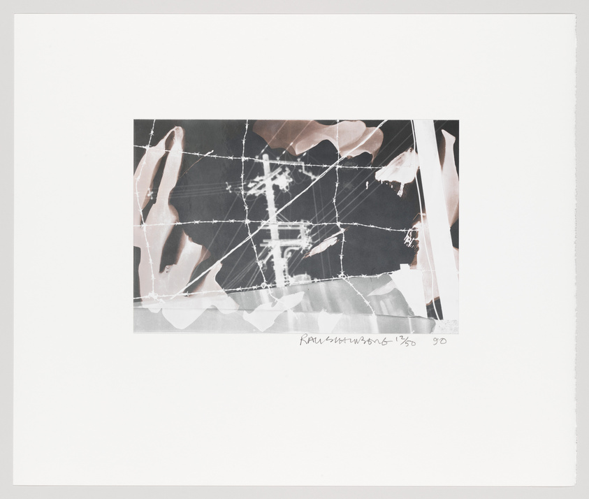 A monochromatic artwork featuring abstract shapes and lines with a signature and edition number at the bottom. The central image appears to be a collage or layered composition with translucent elements and a network of intersecting white lines on a dark background. The piece is mounted on a white border.