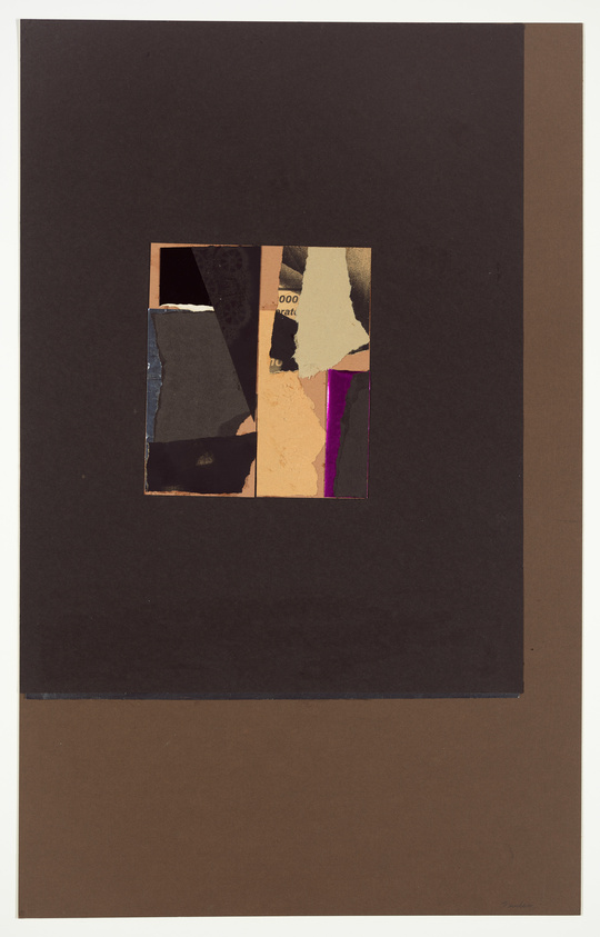 A collage of variously colored and textured paper pieces arranged in a square pattern on a dark brown background, surrounded by a larger black border. The collage includes elements of text and partial images, creating an abstract composition.