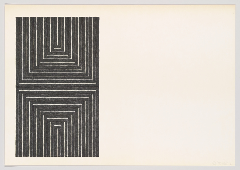 Graphic print with two black and white rectangular patterns resembling a maze, on a beige background, signed by the artist.