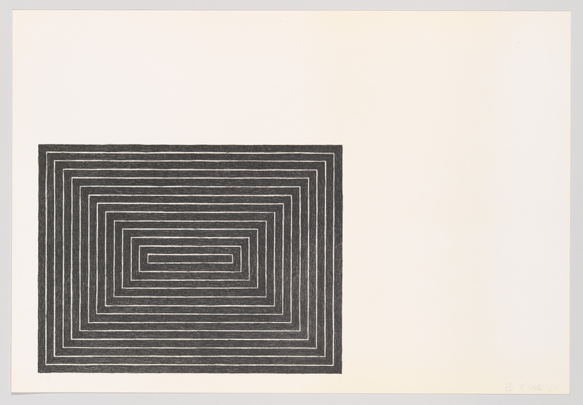 A black and white abstract print featuring a series of concentric rectangles with varying line thicknesses, centered on a plain background. The image includes a signature and edition number on the bottom right.