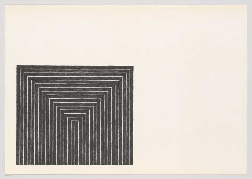 Black and white square print with concentric lines creating a tunnel effect, signed by the artist in the bottom right corner.