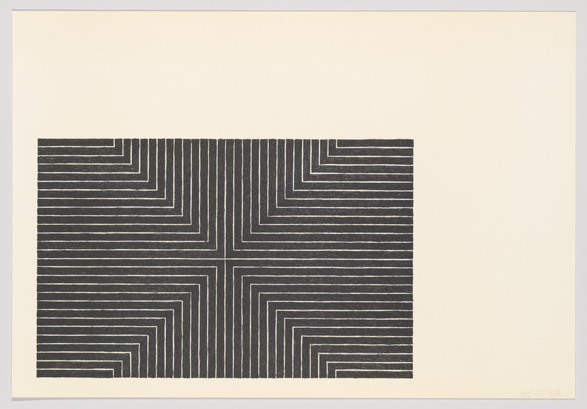 Geometric black and white maze-like print on a beige background, signed by the artist in the lower right corner.