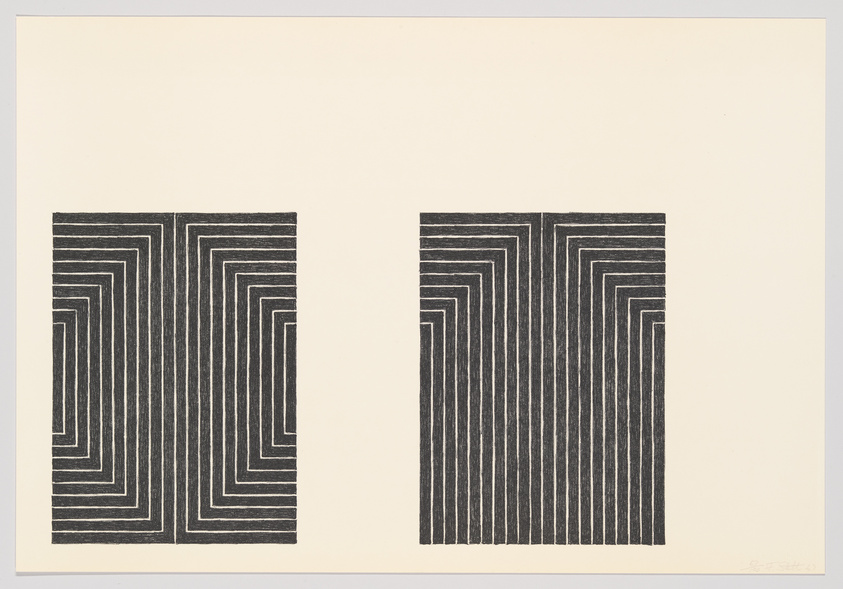 A print featuring two identical abstract rectangular patterns composed of black vertical lines with varying spacing, creating a three-dimensional effect on a cream-colored background. The artist's signature is visible in the bottom right corner.