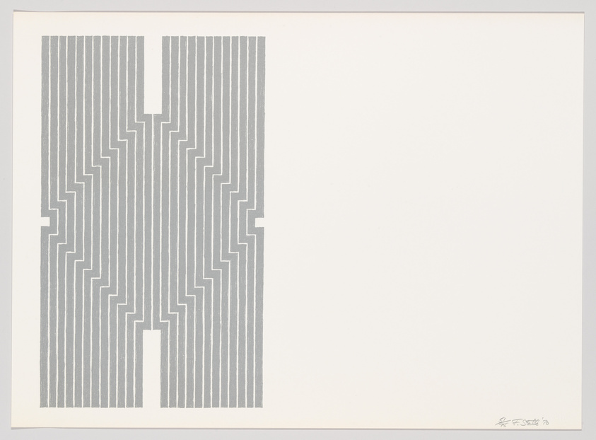A minimalist artwork featuring two sets of parallel vertical lines with a zigzag pattern interrupting them in the center, creating a symmetrical design on a white background. The artist's signature and the year are visible in the lower right corner.