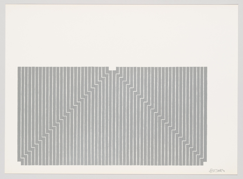 Geometric print with vertical lines forming a maze-like pattern on a white background, signed by the artist.