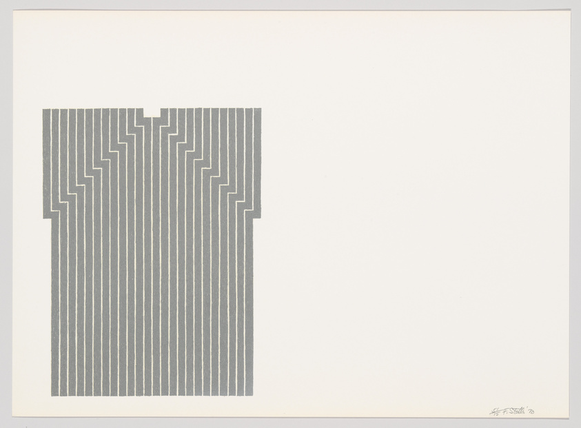 Geometric print with vertical lines forming a stepped pattern on a white background, signed by the artist.