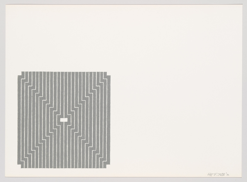 Black and white square maze-like print with a central cross, signed and dated by the artist on a white background.