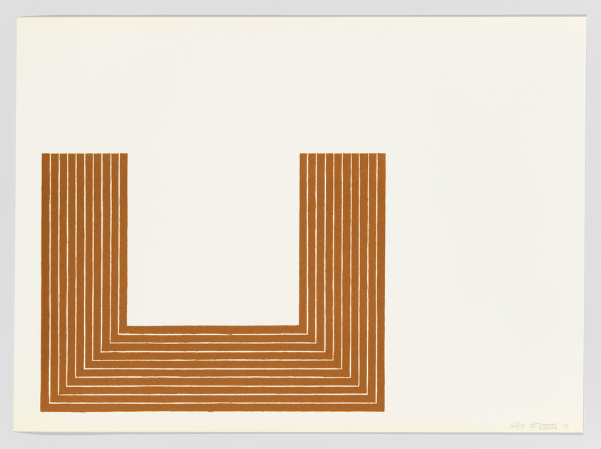 Graphic print of a brown U-shaped pattern with parallel lines on a white background, signed by the artist.