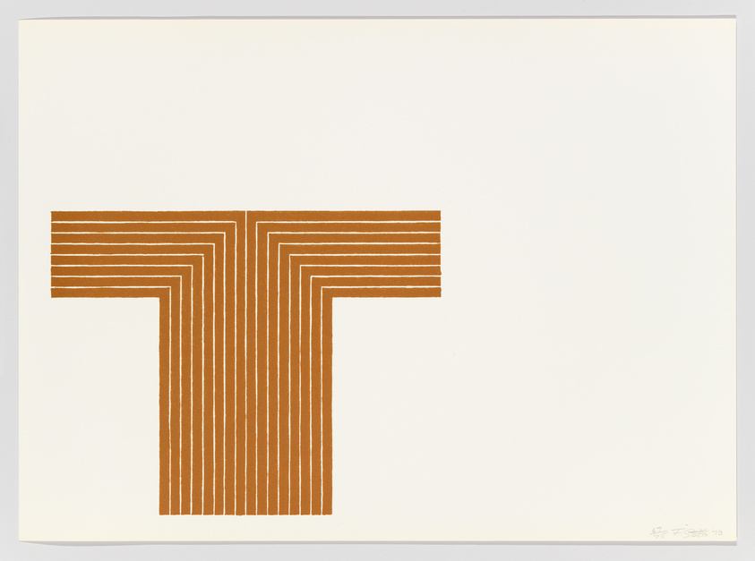 Graphic artwork featuring a series of brown horizontal lines forming a T-shaped pattern on a white background, with the artist's signature and edition number on the bottom right.