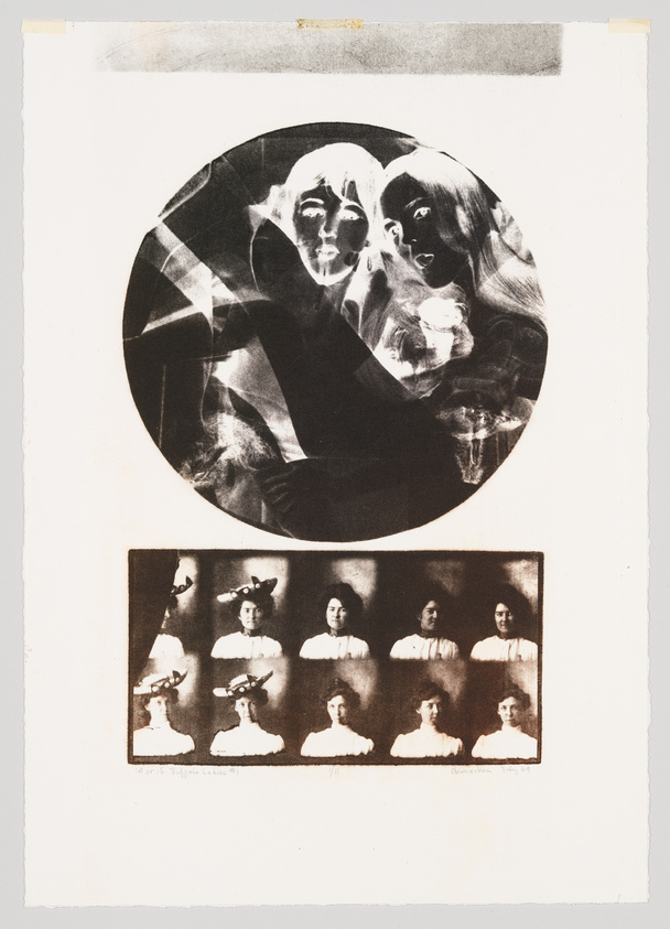 A black and white artistic print featuring two distinct sections. The top section displays a circular image with a checkerboard pattern and two ghostly, expressive faces superimposed over it. Below, a rectangular image shows a series of identical portraits of a woman in a white blouse, with each image slightly varying in clarity and detail. The artwork has a vintage, experimental feel, and there are handwritten inscriptions at the bottom.