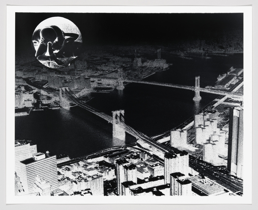 A high-contrast black and white artwork depicting an aerial view of a cityscape with bridges over a river, overlaid with a circular inset showing a sculpture of a human figure cradling its knees.