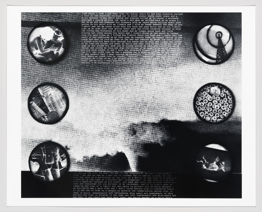 A black and white artwork featuring a background of dense text with six circular cutouts, each containing a different image, including a globe, a yin-yang symbol, newspaper clippings, a pattern of circular objects, a silhouette of a person, and a carousel horse. The composition creates a collage effect with a stark contrast between the visual elements and the textual backdrop.
