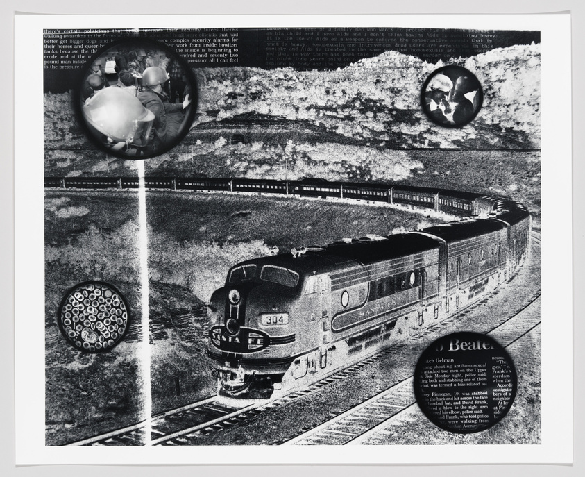 A black and white collage featuring a central image of a vintage Santa Fe locomotive train curving along the tracks. The collage includes three circular insets with additional images and text, creating a layered, textured appearance. The background is composed of various patterns and text, contributing to the artwork's complex and abstract quality.