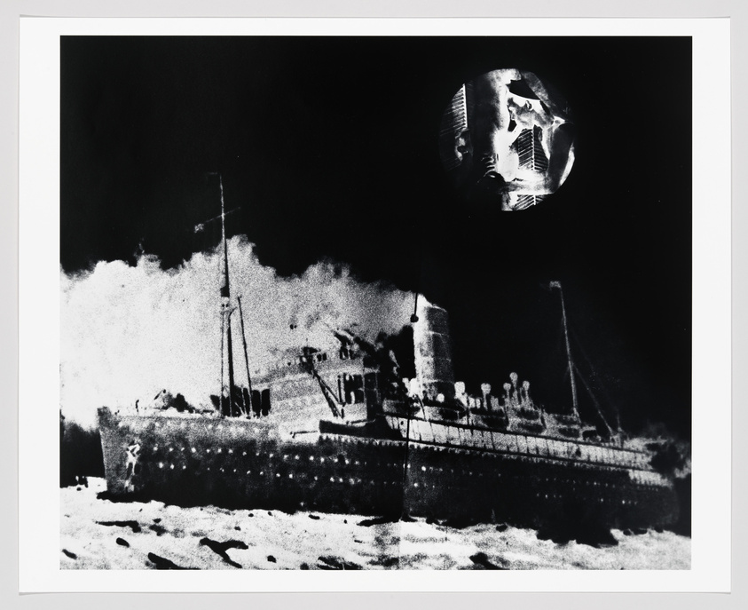 A black and white artistic representation of a ship at sea with a large, surreal moon superimposed in the background. The image has a grainy, high-contrast appearance, giving it a dreamlike or otherworldly quality.