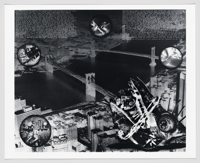 Black and white collage with circular insets of figures over a cityscape, text blocks, and abstract elements.