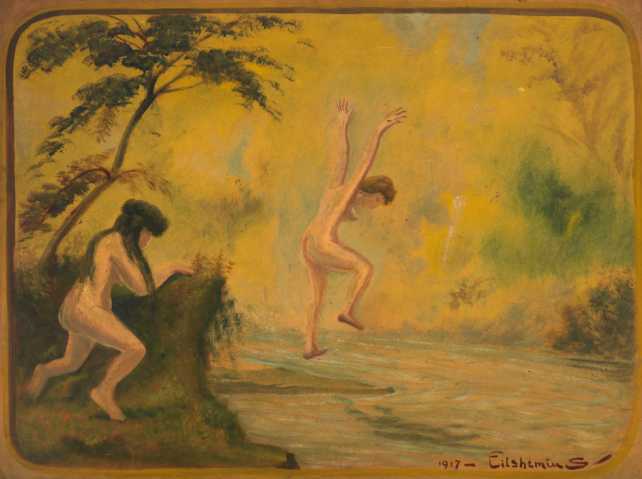 A painting from 1917 by Eilshemius depicting two nude figures by a body of water, with one figure crouched on a rock and the other jumping into the water. The scene is surrounded by lush greenery and the artist's signature is in the lower right corner.