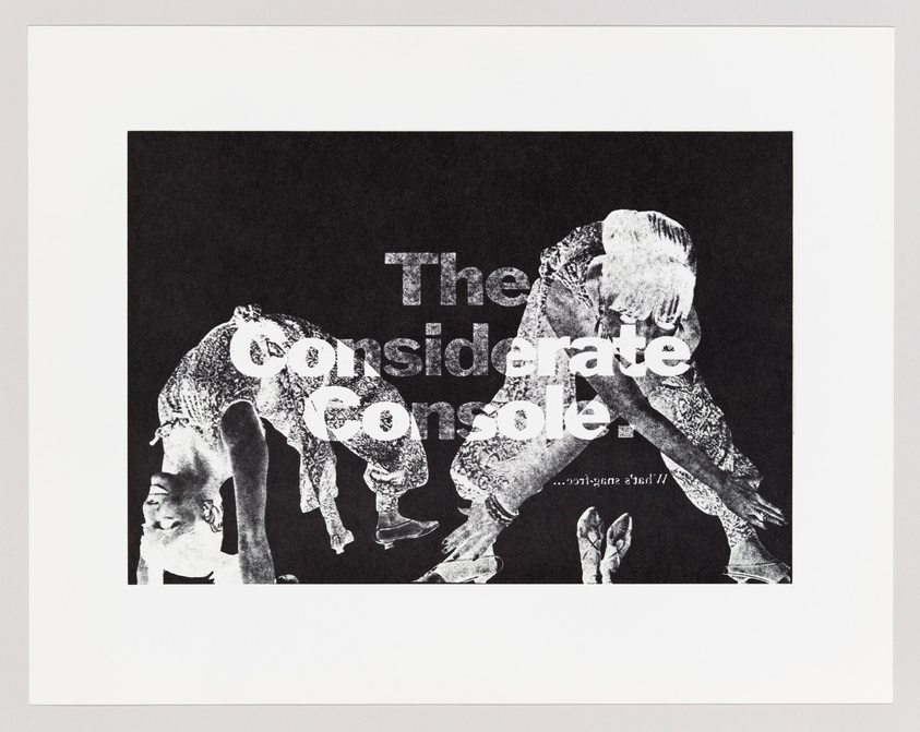 A graphic artwork featuring a black background with white text reading "The Considerate Console" overlaid on a collage of various human figures in different poses, some appearing contemplative or in motion. The figures are rendered in a halftone dot style, giving the image a textured, screen-printed look. The text is partially transparent, allowing the figures to show through the letters.