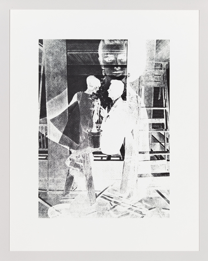 A high-contrast black and white artwork featuring a collage of various images, including silhouettes of two people facing each other, architectural elements, and abstract shapes. The composition is framed within a white border.