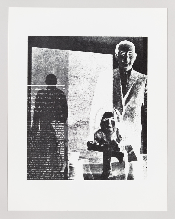 A black and white artwork featuring a collage of images and text. On the left, there's a silhouette of a person's shadow against a window, overlaid with illegible text. On the right, a smiling man in a suit with a hat in his hand is visible. In the foreground, a figure resembling a child is holding a cross, with their features obscured by the high-contrast effect. The overall composition has a layered, textured appearance.