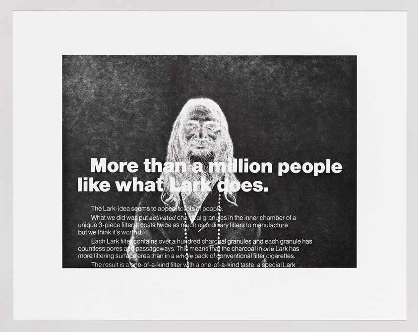 A black and white image featuring a portrait of a bearded man on the left side with a large text overlay on the right that reads "More than a million people like what Lark does." Below the large text is a smaller paragraph explaining the unique qualities of Lark's product, mentioning a special filter with activated charcoal granules. The background is dark, contrasting with the white text and the lighter image of the man.