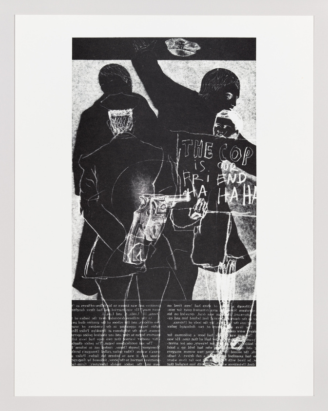 A graphic print featuring three silhouetted figures with their hands raised, one holding a sign that reads "THE COP IS OUR FR.I.END HA HA HA," against a background of text. The image has a rough, textured appearance, reminiscent of a photocopy or a linocut print.