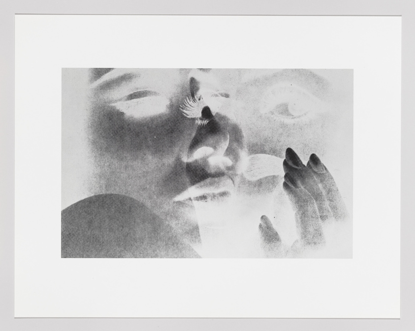 A monochromatic artwork depicting a close-up of a person's face with their hand gently touching their lips, overlaid with a faint image of an eye and a small bird in flight near the mouth. The image has a dreamlike, ethereal quality.