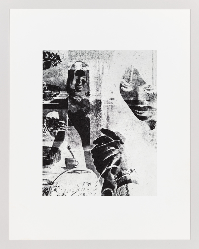 A black and white abstract artwork featuring overlapping images of a woman's face, a hand, and various objects, creating a collage-like effect on a white background.