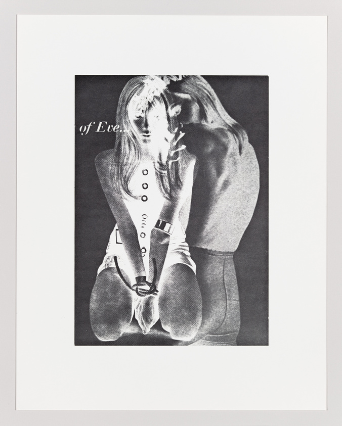 A black and white artistic image featuring a woman seated with her hands clasped between her knees, overlaid with a faint silhouette of a man's upper body. The text "of Eve." is partially visible in the top left corner. The image is centered on a white background with a wide border.