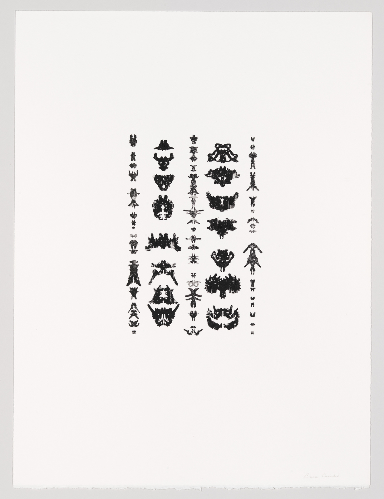 A black and white artwork featuring an array of abstract inkblot patterns symmetrically arranged in a grid on a white background, resembling a Rorschach test.