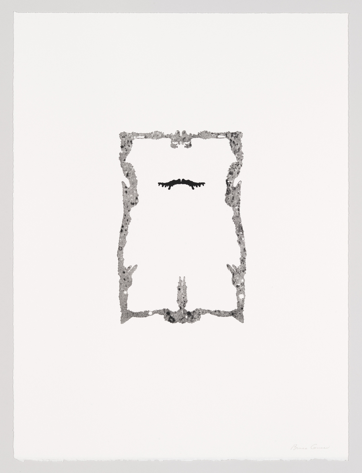 A minimalist artwork featuring a central abstract figure resembling a stylized insect or creature with branching forms, created with a speckled texture against a clean white background. The artist's signature is visible at the bottom right.