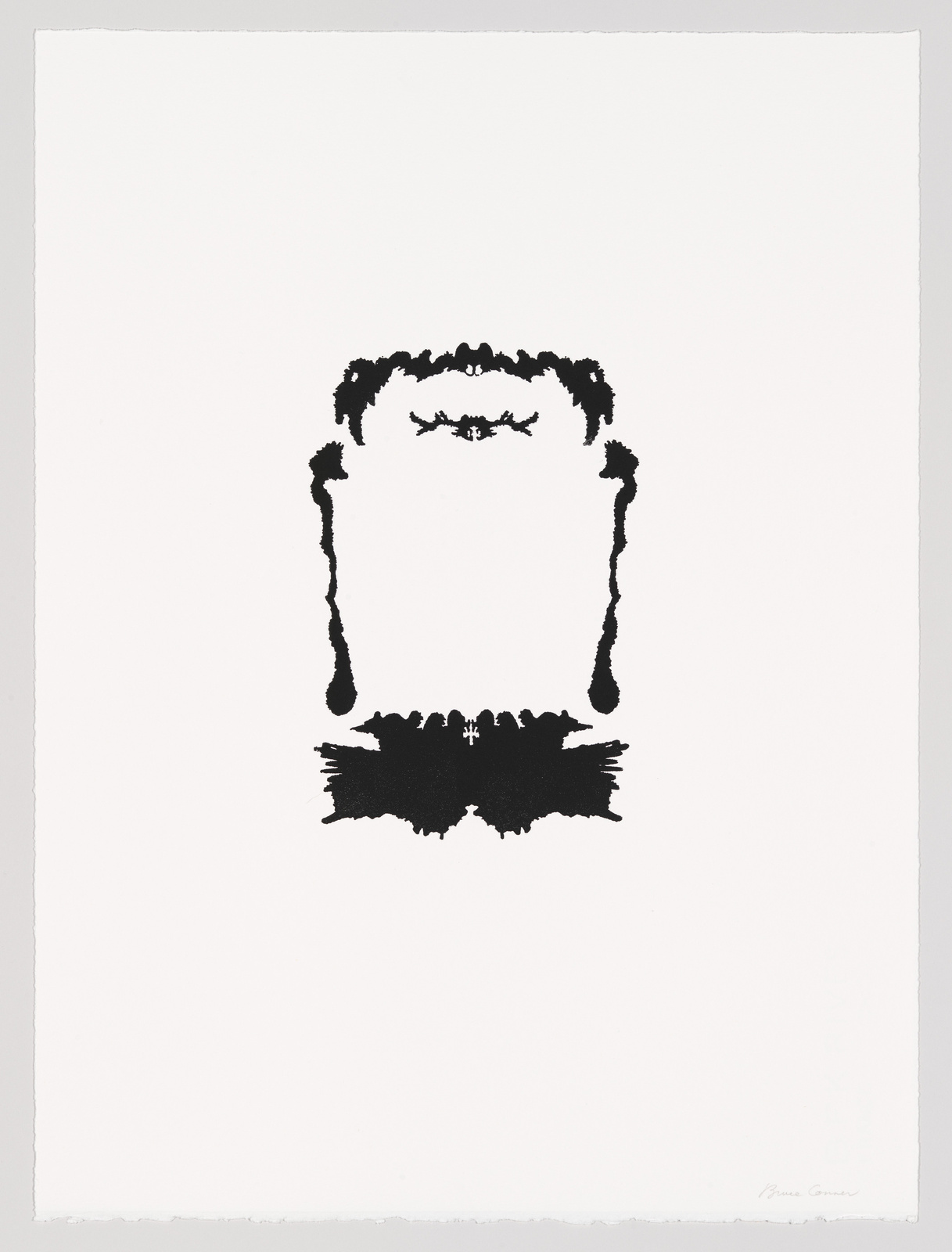 A minimalist black inkblot on a white background that resembles a Rorschach test pattern, with a symmetrical abstract shape that could be interpreted in various ways. The artist's signature is visible at the bottom right corner.