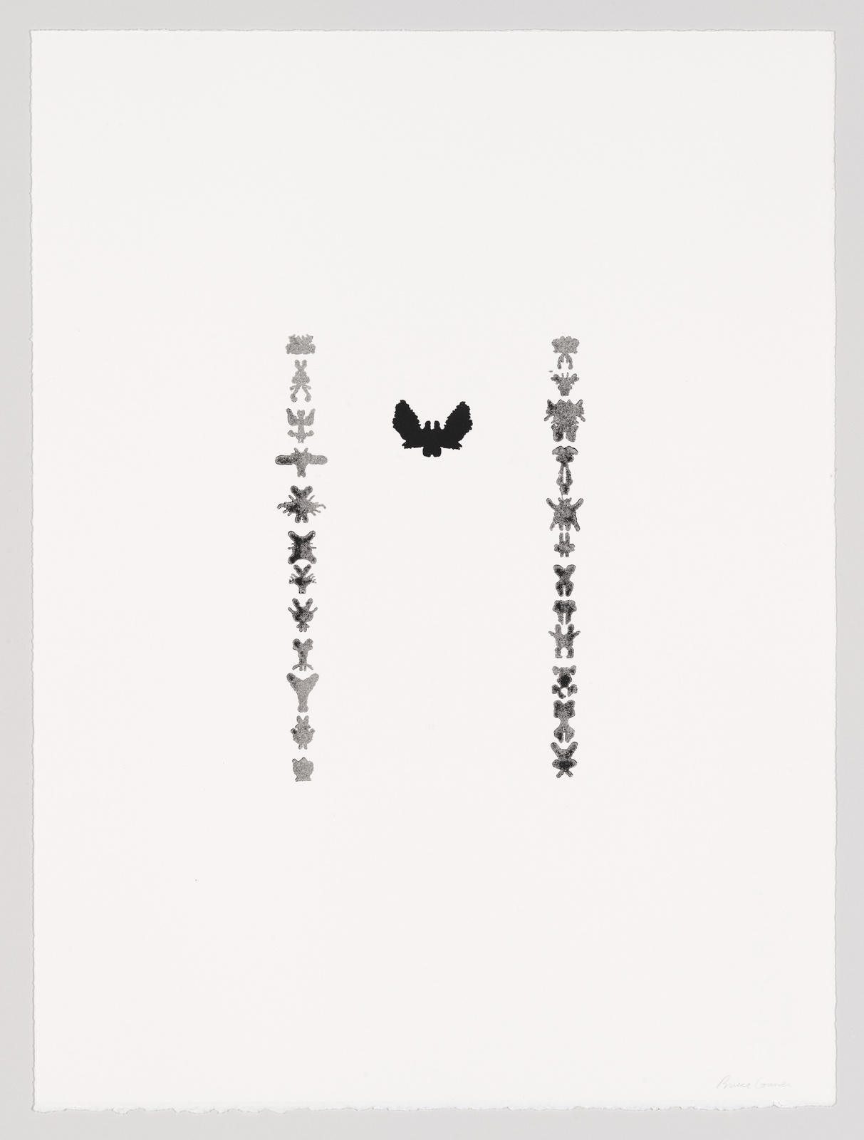 A minimalist artwork featuring two vertical rows of small, symmetrical inkblot patterns on a white background, with a larger, butterfly-shaped inkblot centered between them. The artist's signature is visible at the bottom right.