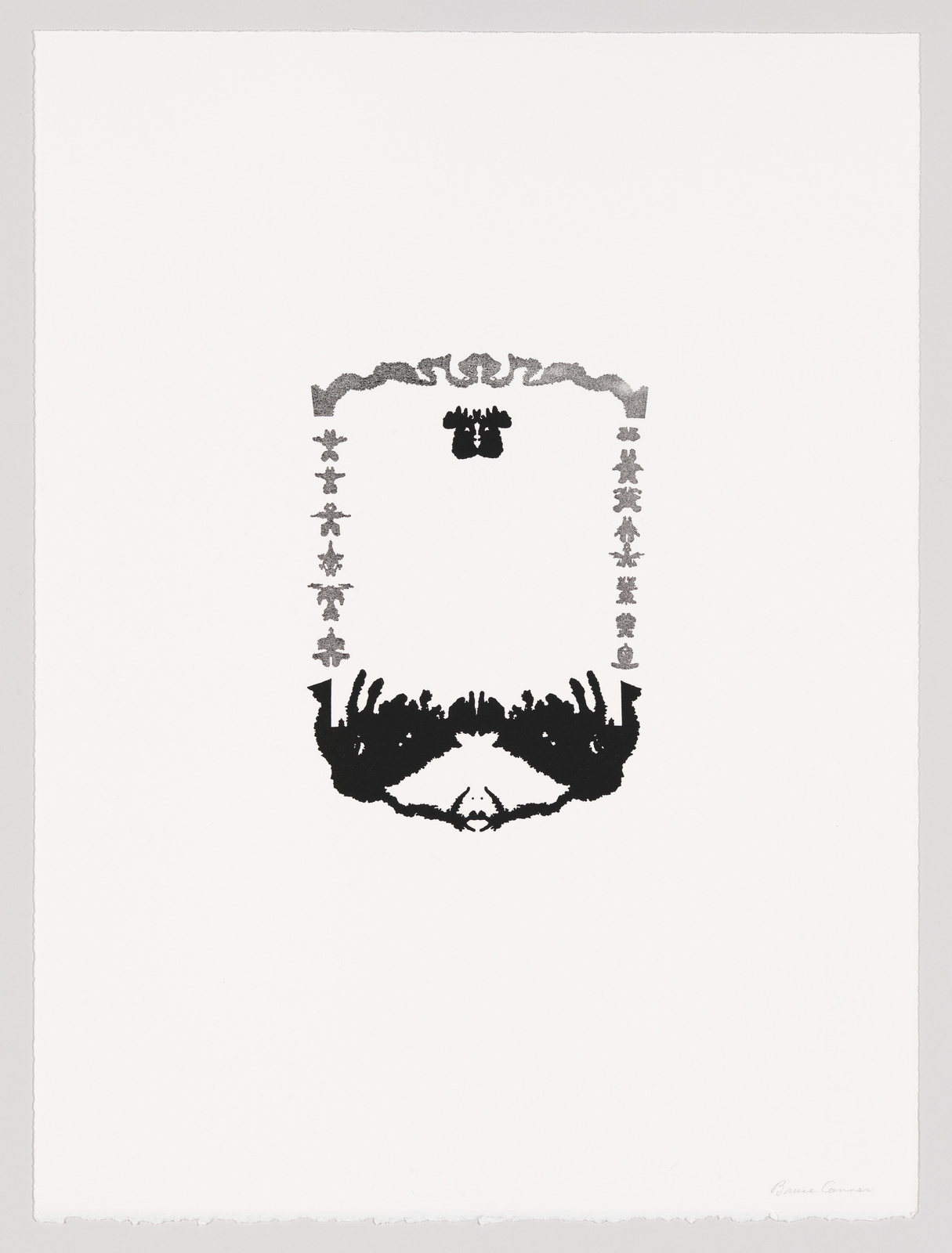 A black and white print featuring a symmetrical inkblot design that resembles a Rorschach test. The central figure is flanked by two columns of smaller, abstract shapes, and the artist's signature is visible at the bottom right.