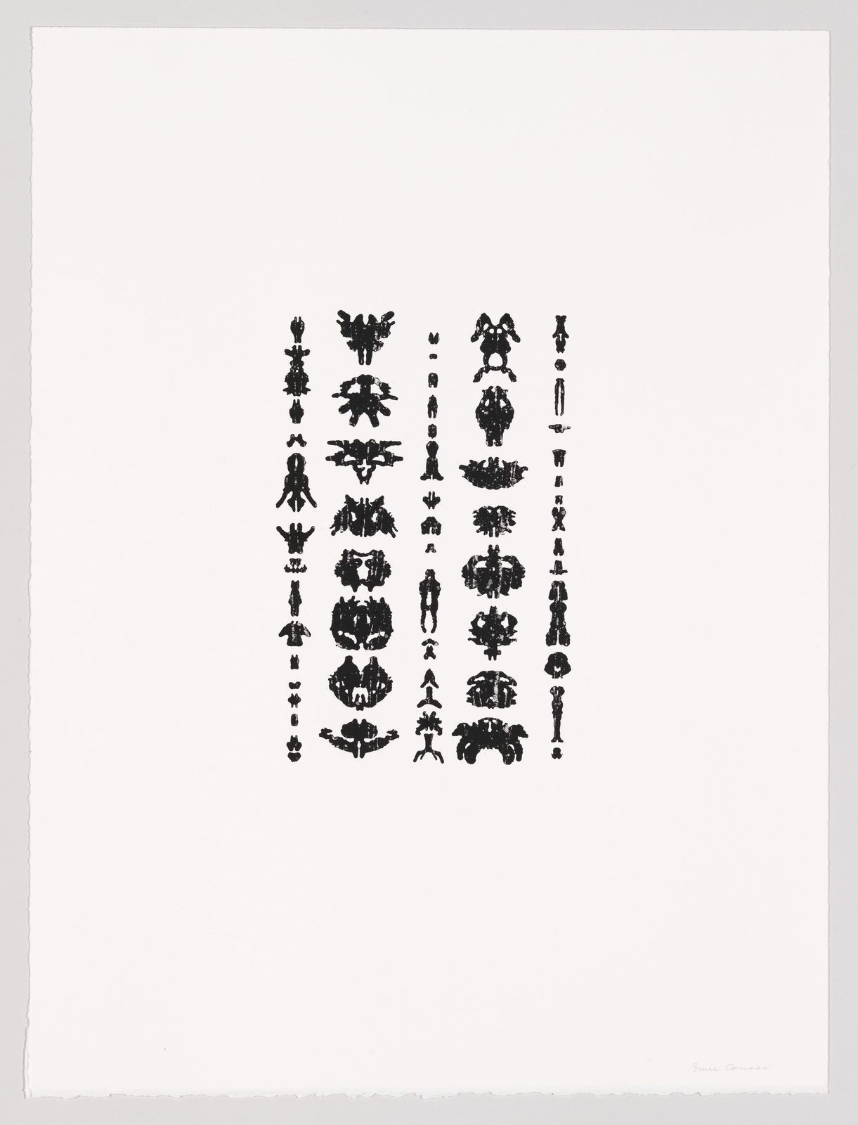 A black and white artwork featuring an array of abstract inkblot patterns symmetrically arranged in columns on a white background, resembling a Rorschach test.