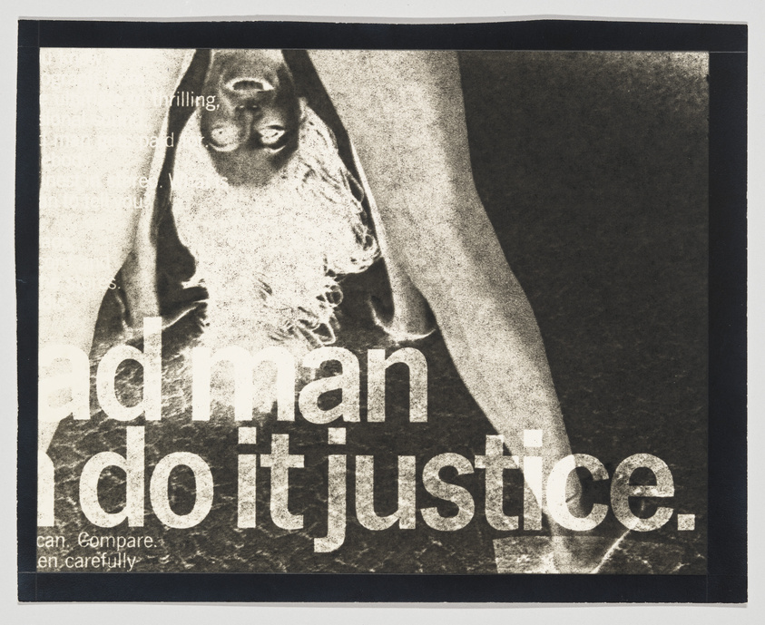 A monochromatic artwork featuring a grainy, high-contrast image of a person bending forward with their hands on their thighs. Large, bold text overlays the bottom of the image, reading "ad man do it justice." Smaller text is partially visible in the background, suggesting the presence of additional content or context. The overall effect is gritty and abstract.