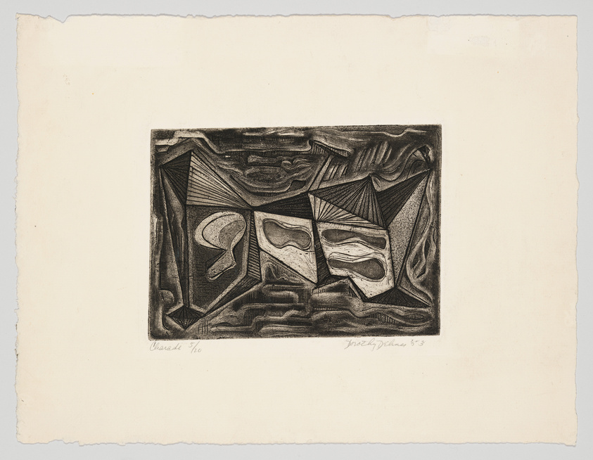 A black and white abstract etching with geometric and organic shapes on a textured paper. The artwork features a central rectangular area with a dark border containing various forms that suggest movement or distortion, reminiscent of reflections in water or funhouse mirrors. The artist's signature and the year '83 are inscribed at the bottom.