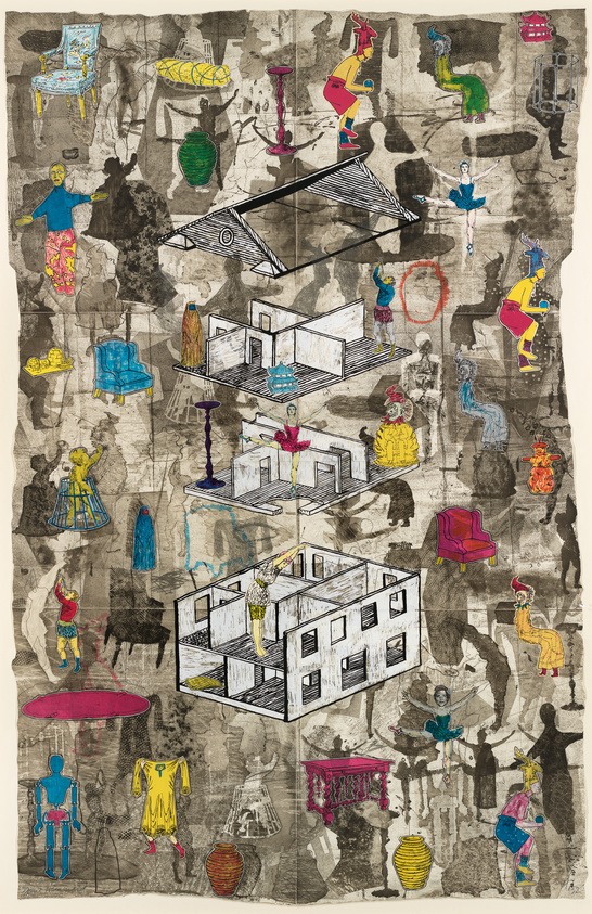 A detailed and colorful collage featuring a variety of elements including whimsical figures, animals, and furniture on a textured, monochromatic background. Central to the composition are line drawings of geometric architectural structures, around which the other illustrated and brightly colored elements are arranged in a seemingly random fashion. The overall effect is one of a dreamlike, surreal scene.