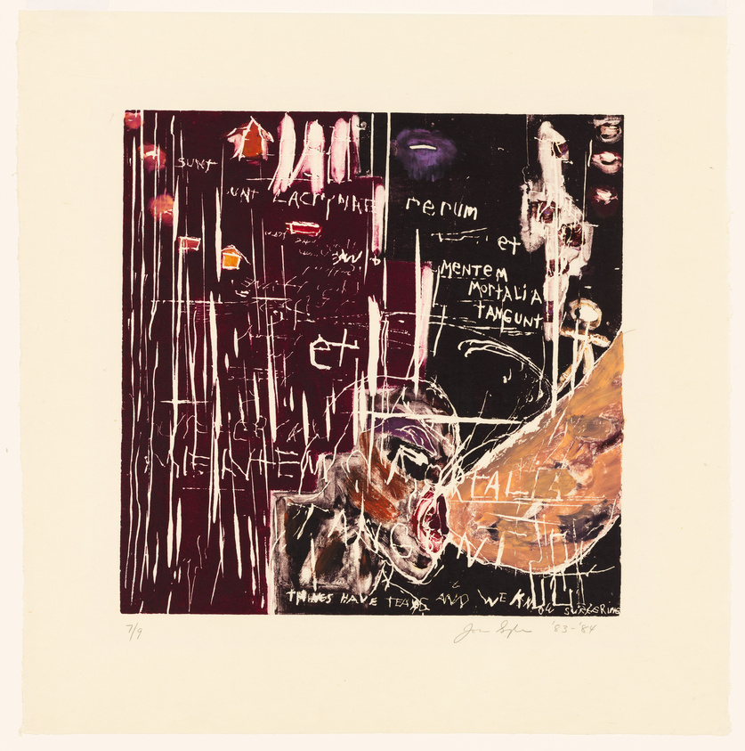 Abstract artwork featuring a mix of dark and vibrant colors with white scribbles and text overlay. The left side is dominated by deep reds and blacks with some white and yellow accents, while the right side includes a large brownish-orange swath with white and black markings. Text is interspersed throughout, including phrases like "MENTEM MORTALIA TANGUNT" and "THINGS HAVE TEARS AND WE FEEL SUFFERING." The piece is numbered and signed by the artist in the bottom margin.