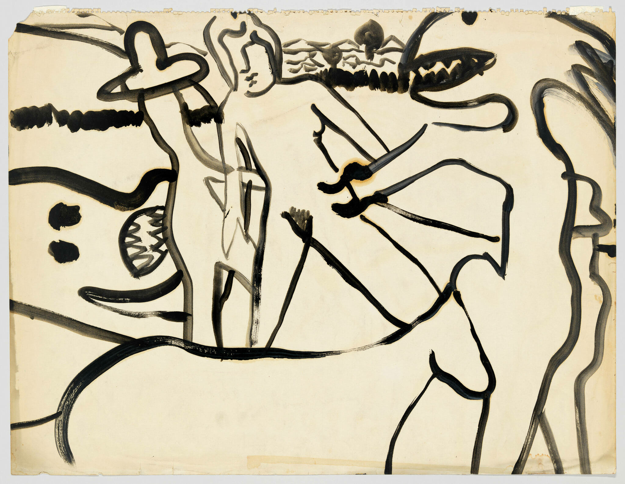 Abstract black brush strokes on a beige paper creating a loose, interpretive composition that may suggest figures and shapes without clear definition.