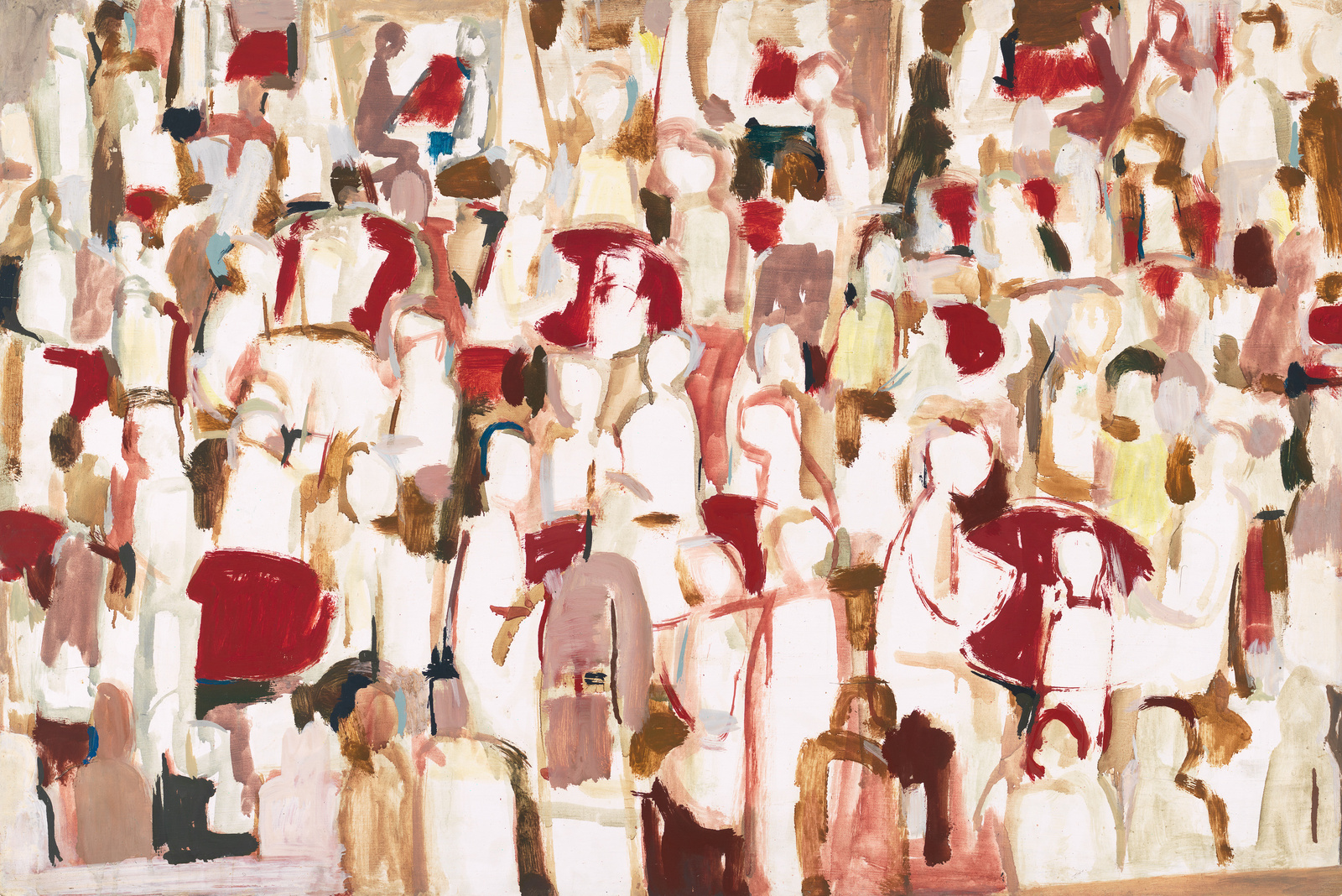 An abstract painting featuring a multitude of brushstrokes in a variety of colors such as red, brown, white, and black, creating a dynamic and somewhat chaotic composition that may suggest a crowd of figures or movement.