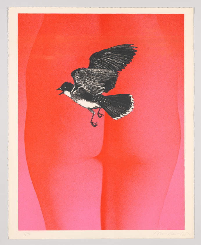 A stylized print of a black and white bird in mid-flight against a vibrant red background. The bird appears to be singing or calling out, with its beak open. The artwork has a signature at the bottom right corner and is numbered at the bottom left, indicating it may be part of a limited series.