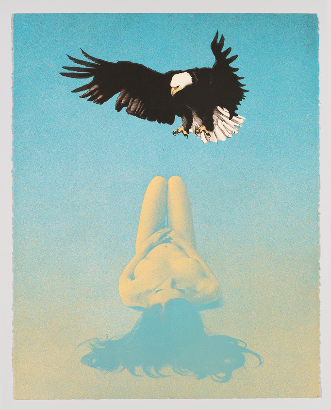 Illustration of an eagle in flight above a human figure with legs pointed skyward, against a blue gradient background.