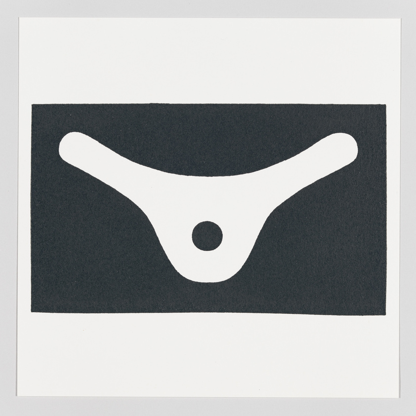Abstract black and white artwork with a central white shape resembling a boomerang with a dot on a black background.