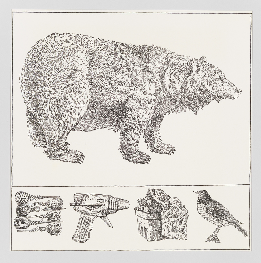Detailed black and white illustration featuring a bear on the upper half and a collection of objects and an animal on the lower half. The bear is depicted in profile, walking to the right with a textured fur pattern. Below, there are three separate images: a pile of bones to the left, a hand grenade in the center, and a trash can overflowing with garbage to the right of the grenade. Adjacent to the trash can is a bird, possibly a starling, standing in profile facing left. The images are bordered by simple lines, separating the bear from the items below.