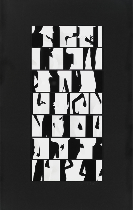 A black and white abstract collage featuring various silhouetted figures and shapes arranged in a grid pattern against a black background.