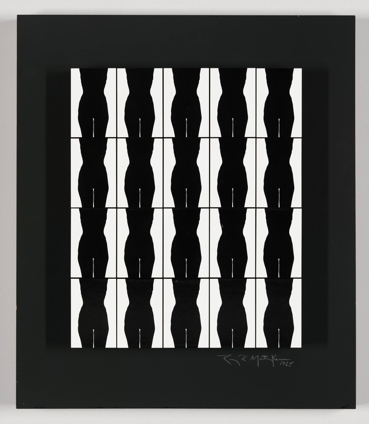 A framed artwork featuring a grid of black and white optical illusion patterns that resemble intertwined hourglass shapes, with a signature and date in the lower right corner on the frame.